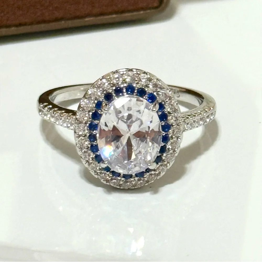 925 Sterling Silver Oval cut white Blue Cubic Zirconia Infinity Band Ring Sz 9 - Picture 3 of 6